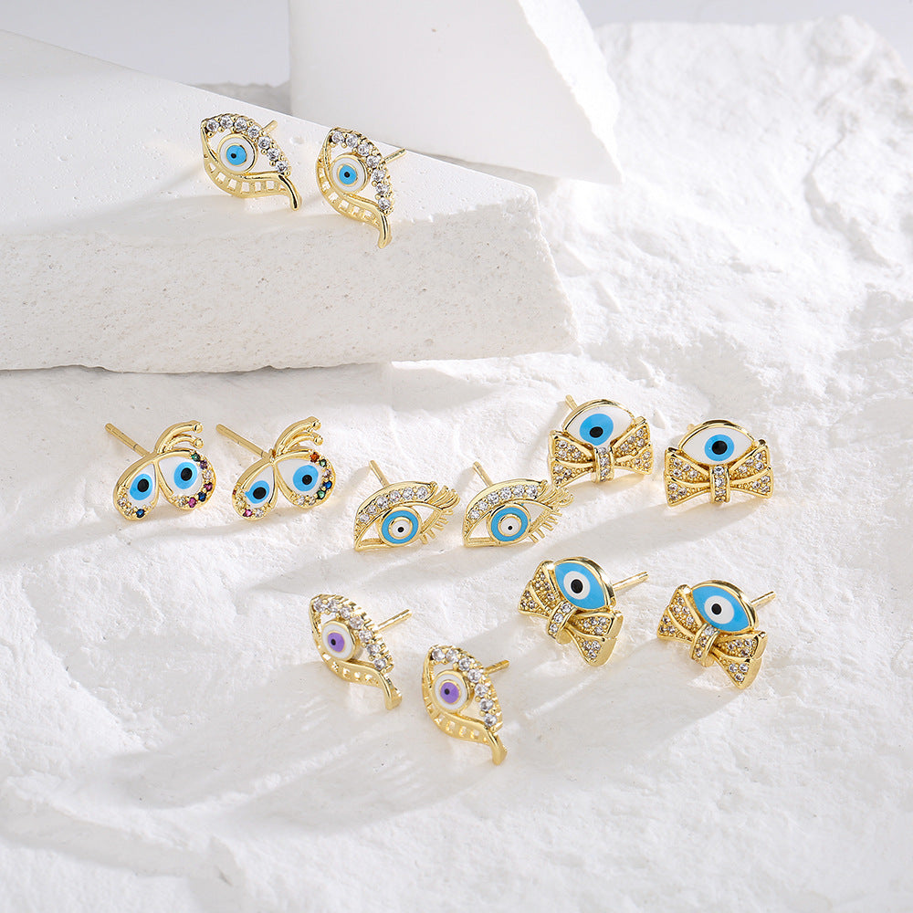 Geometric Eye-Shaped Enamel Zirconia Earrings for Women in Copper with 18K Gold Plating
