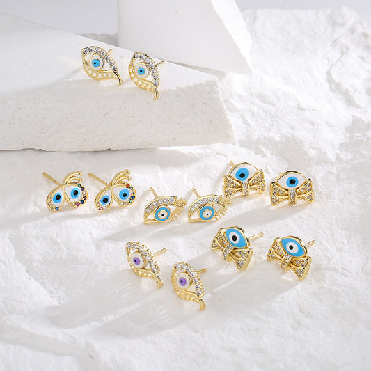 Geometric Eye-Shaped Enamel Zirconia Earrings for Women in Copper with 18K Gold Plating