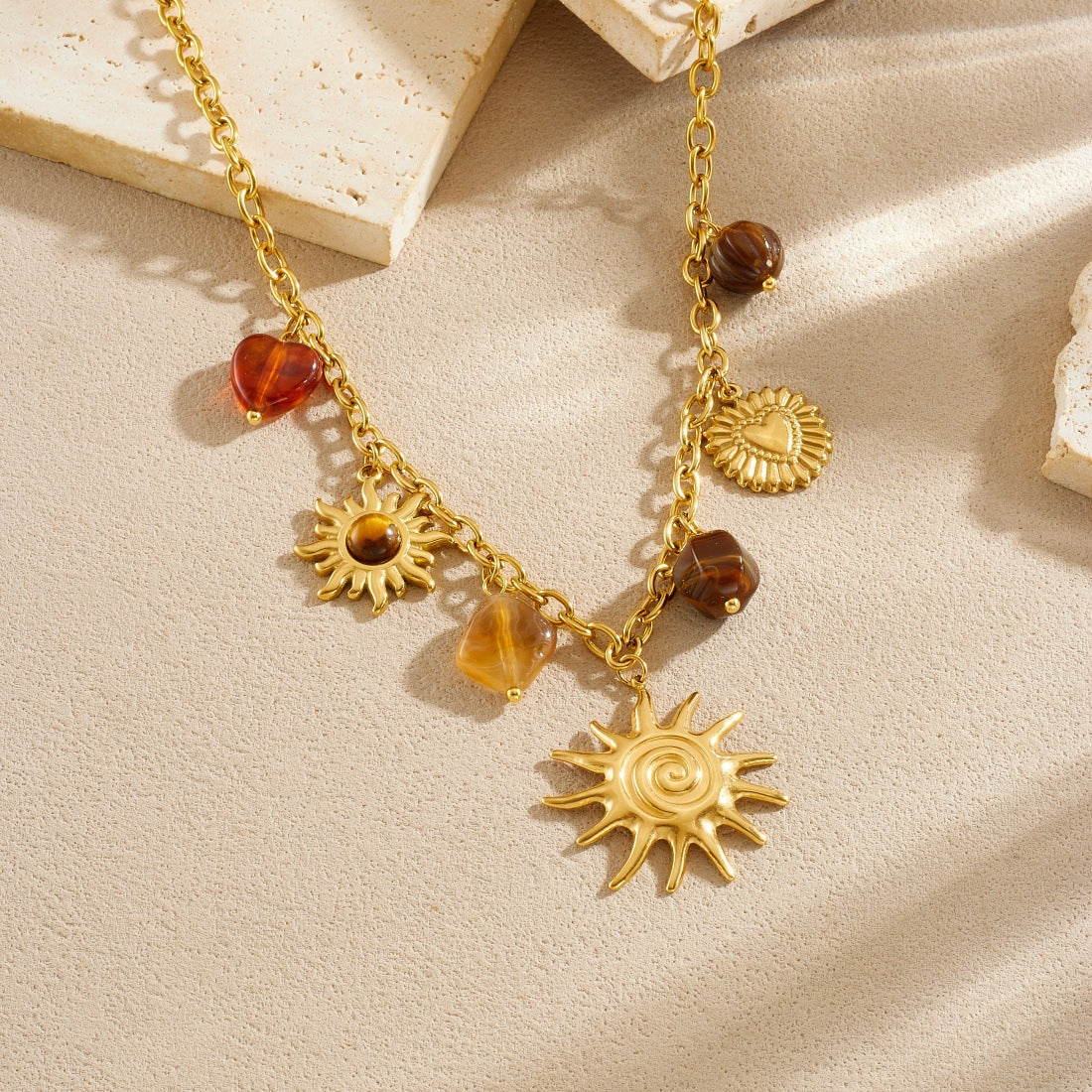 Vintage Gold Plated Stainless Steel Heart Sun Tiger's Eye Pendant Necklace and Bracelet Set with Cable Chain