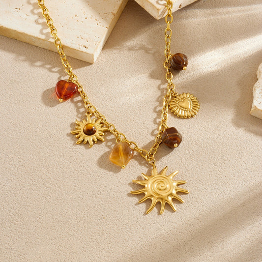 Vintage Gold Plated Stainless Steel Heart Sun Tiger's Eye Pendant Necklace and Bracelet Set with Cable Chain