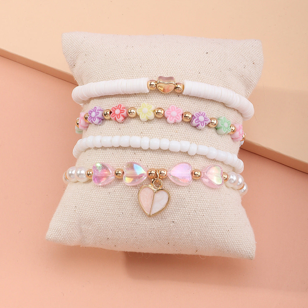 Pulsera de Cuentas de Arcilla Polimérica Corazón Floral Rosa Minimalista para Niñas, Hecha a Mano con Perlas de Cerámica Suave