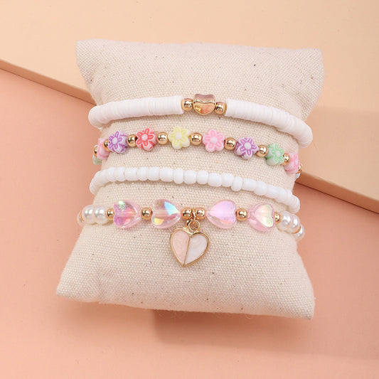 Braccialetto per Bambini Minimalista con Cuore Floreale Rosa in Argilla Polimerica Fatto a Mano con Perle in Ceramica Morbida