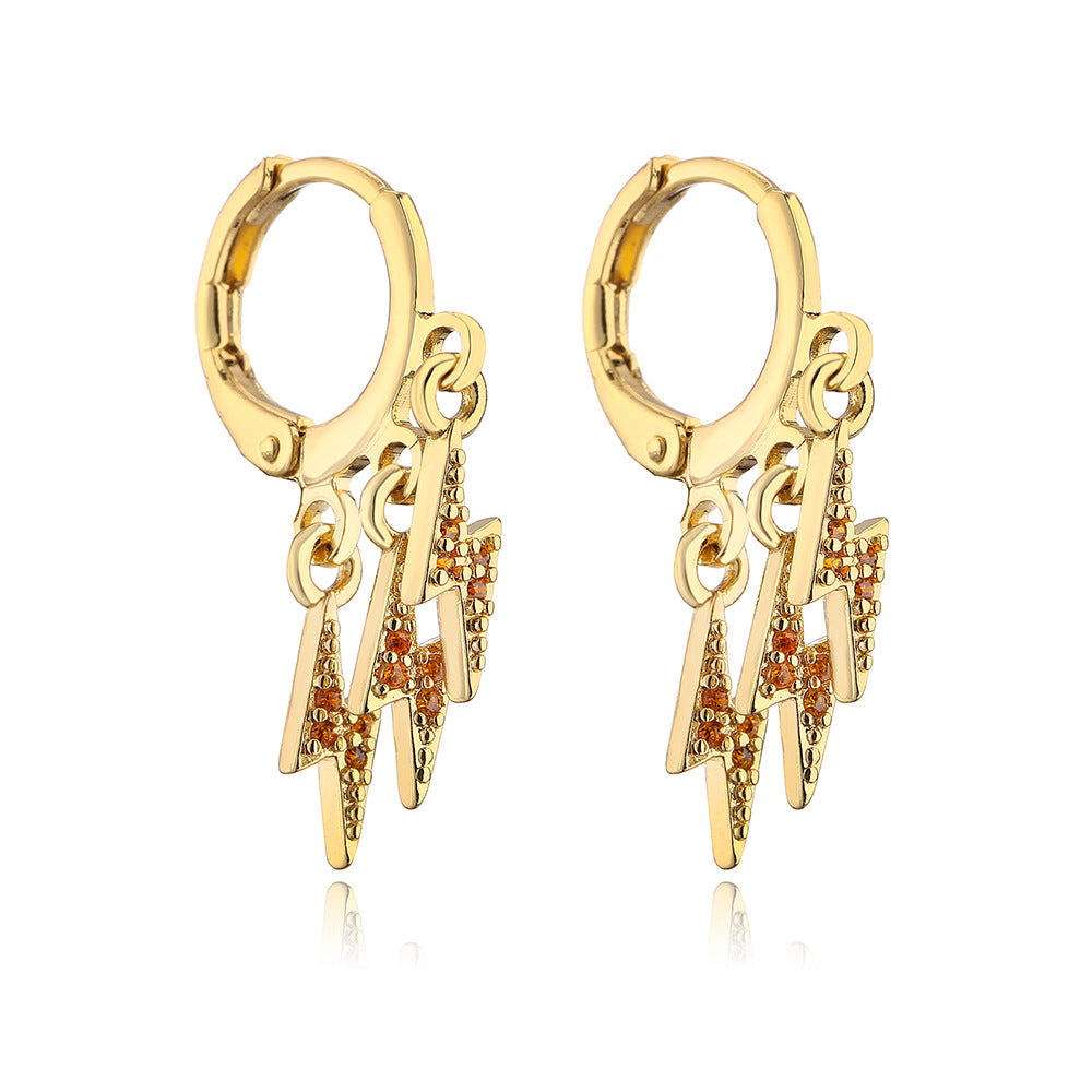 Minimalist Geometric Lightning-Shaped Earrings for Women Made of Brass with 18K Gold Plating and Zircon Inlay