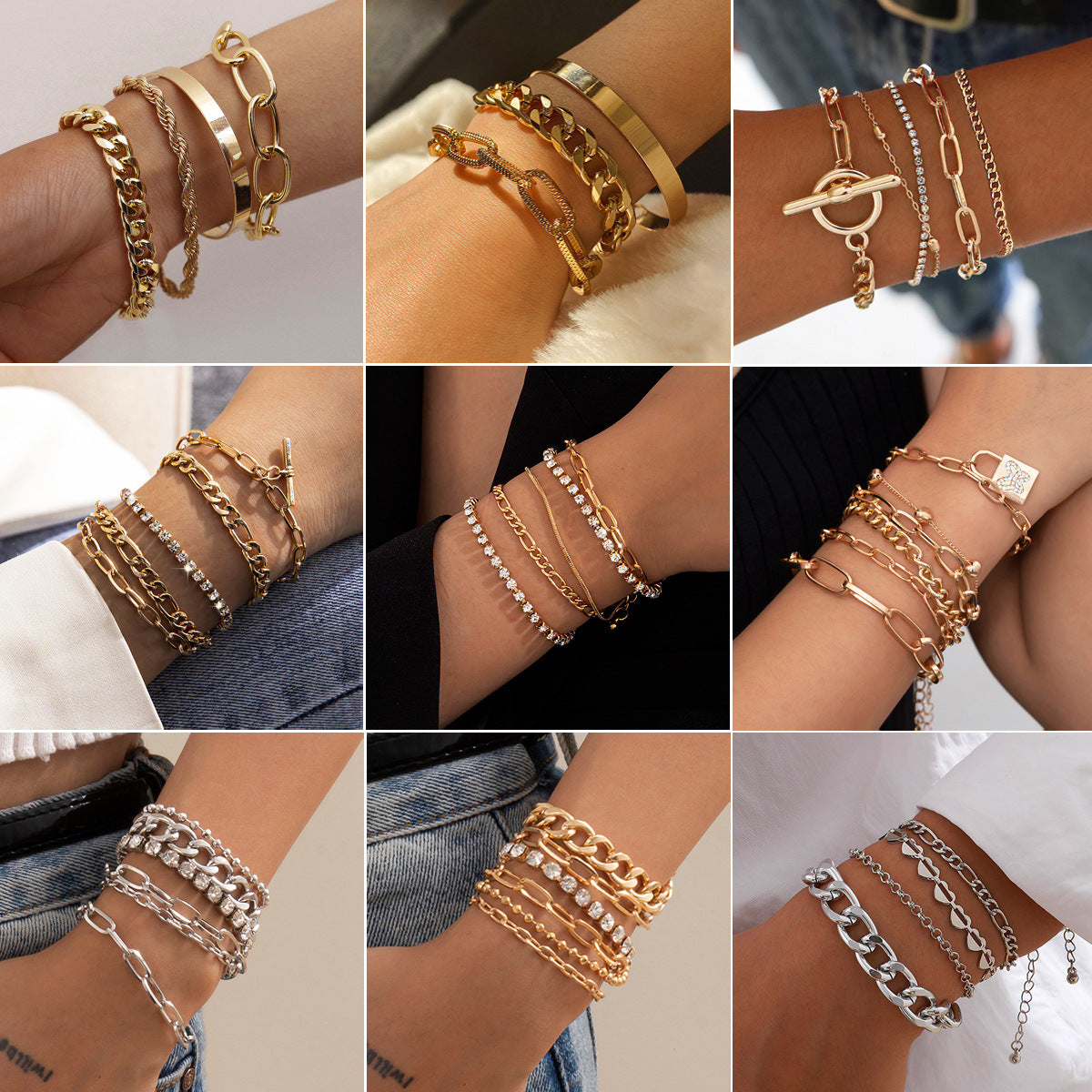 Minimalist Geometric Alloy Plated C-Shape Cable and Rope Chain Bracelet Set for Women