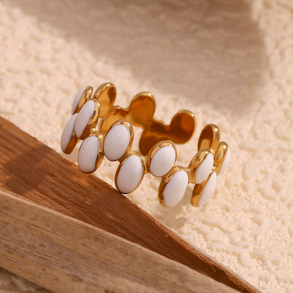 Minimalist Geometric Stainless Steel Ring with 18K Gold Plating and White Enamel Finish for Women