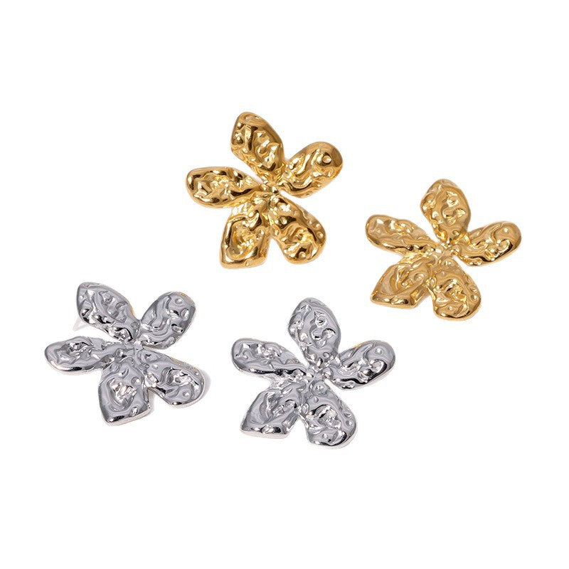 Natural Floral Stainless Steel Stud Earrings with 18K Gold Plating for Women, Lightweight Luxury Flower and Leaf Design