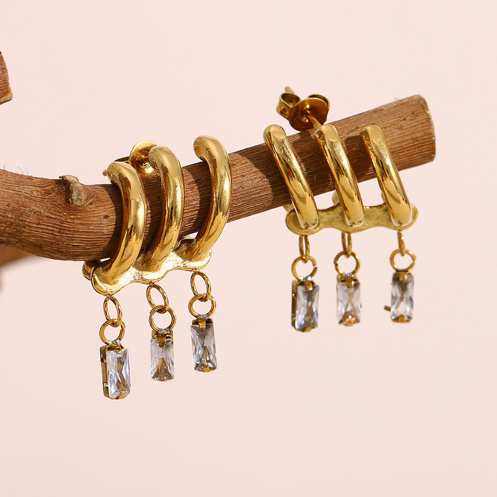 Fashionable Geometric Stainless Steel Earrings with 18K Gold Plating and Zircon Fringe for Women
