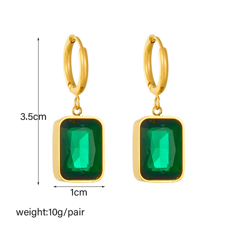 Vintage-Inspired Geometric Green Faceted Gemstone Earrings in Gold-Plated Titanium Steel for Women