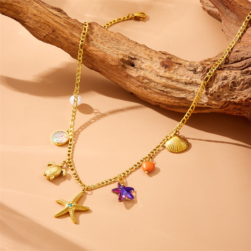 Elegant Colorful Fish Scale Star Animal Rhinestone Inlay Stainless Steel Pendant Necklace with Turtle and Shell Charms