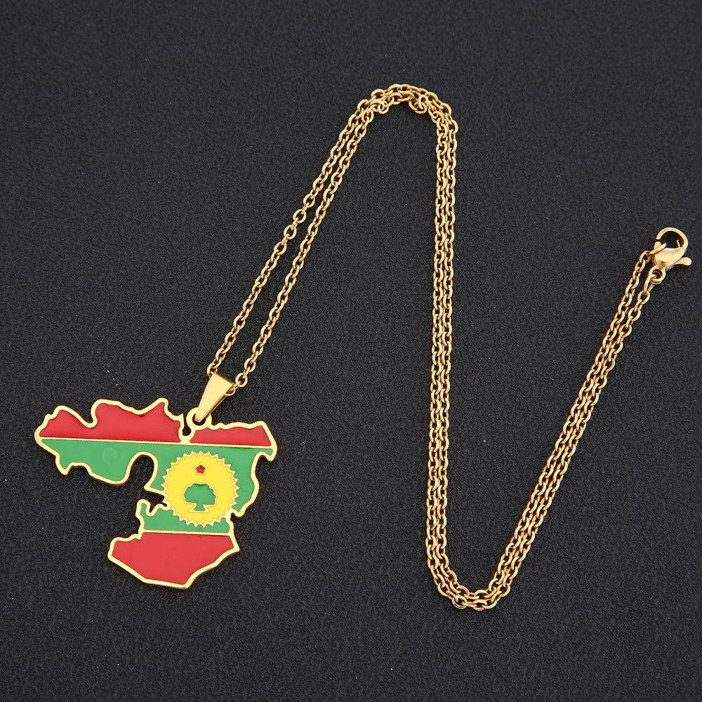 Collana con ciondolo a mappa geometrica in stile etnico in acciaio inossidabile con finitura smaltata, unisex