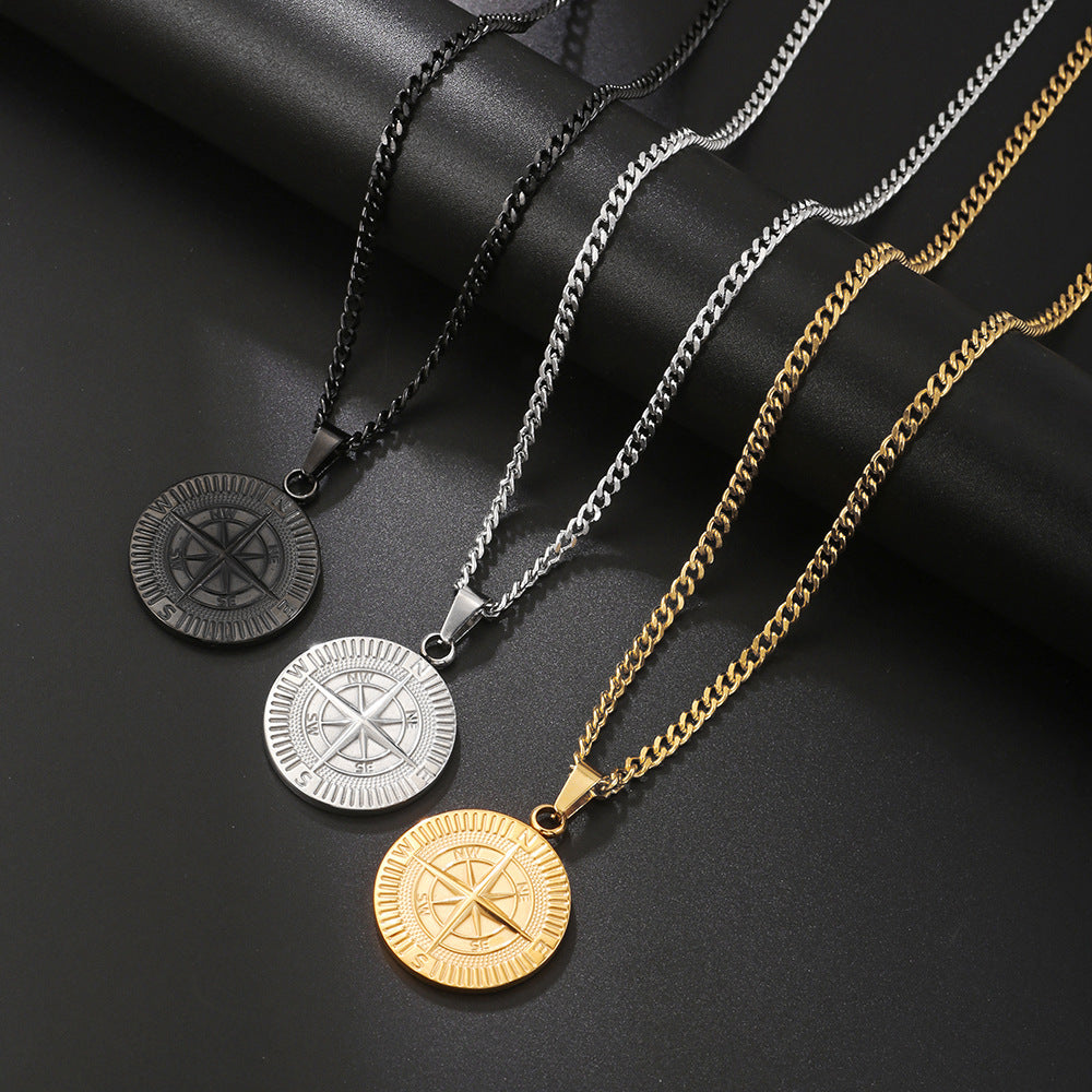 Punk Hip-hop Round Geometric Compass Coin Pendant Titanium Steel Necklace Cuban Link Chain for Men