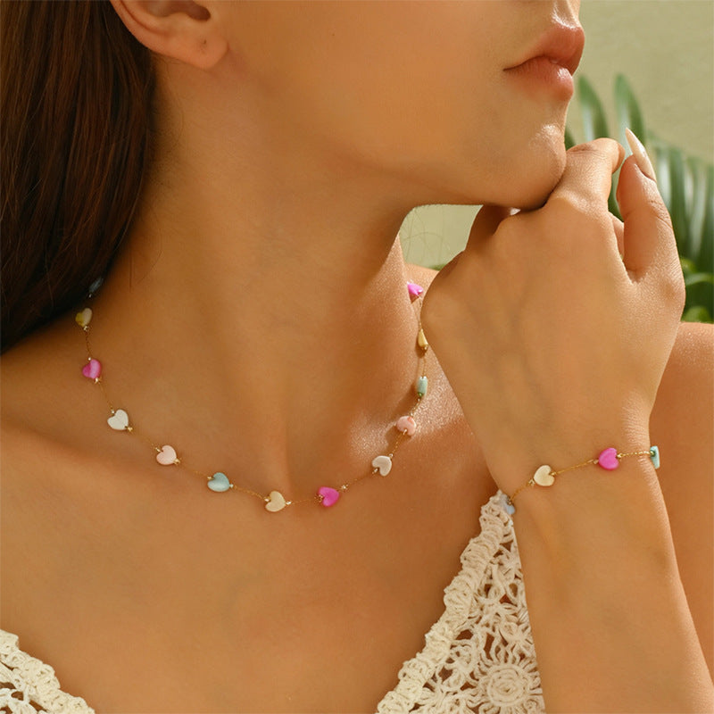 Set de collar y pulsera de acero inoxidable chapado en oro de 18 quilates con diseño minimalista de corazón, lágrima y cuentas para mujer