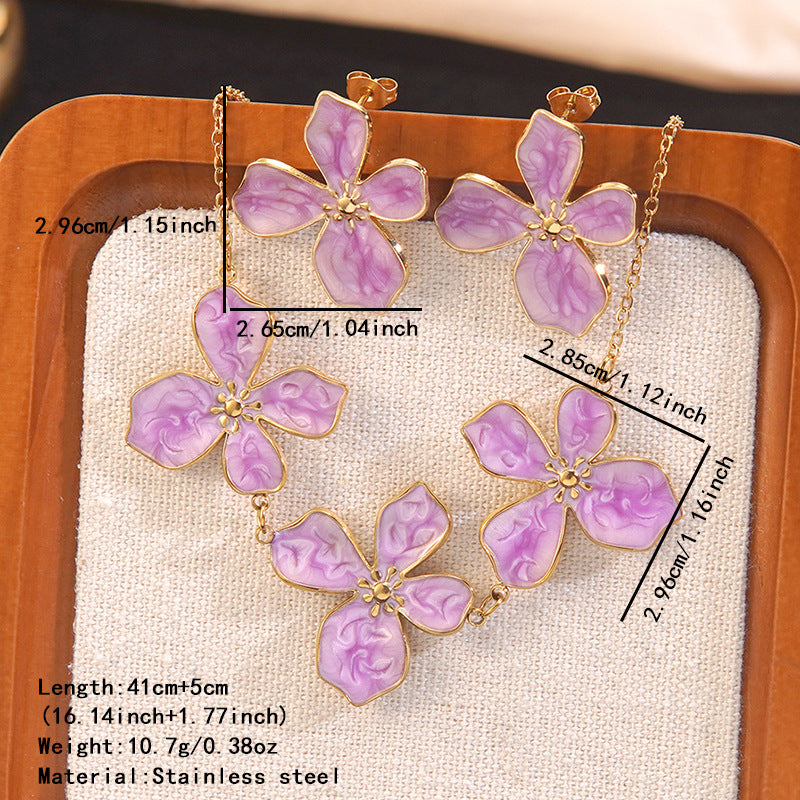 Elegant Drip Oil Floral Stainless Steel Necklace and Earring Set for Women