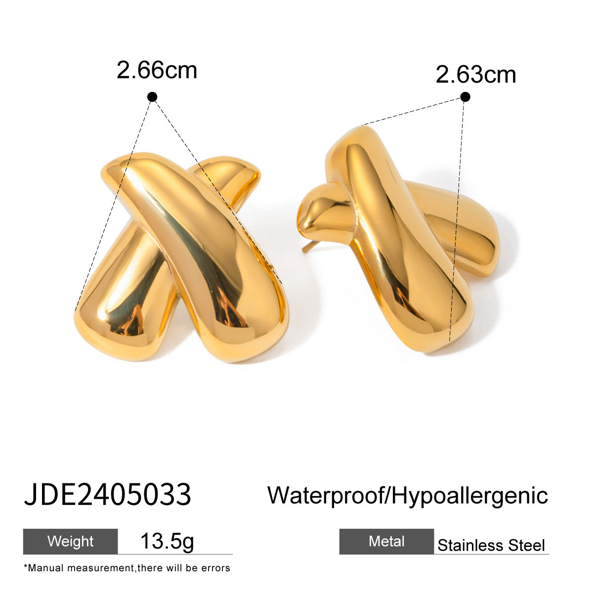 Ins Style Asymmetric X Shape Plated 18K Gold Stainless Steel Stud Earrings Unisex Lightweight