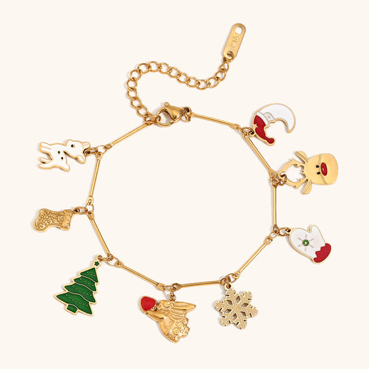 Bracciale Minimalista Geometrico in Acciaio Inossidabile Placcato Oro 18K a Spilla da Balia con Ciondolo Fiocco di Neve Natalizio