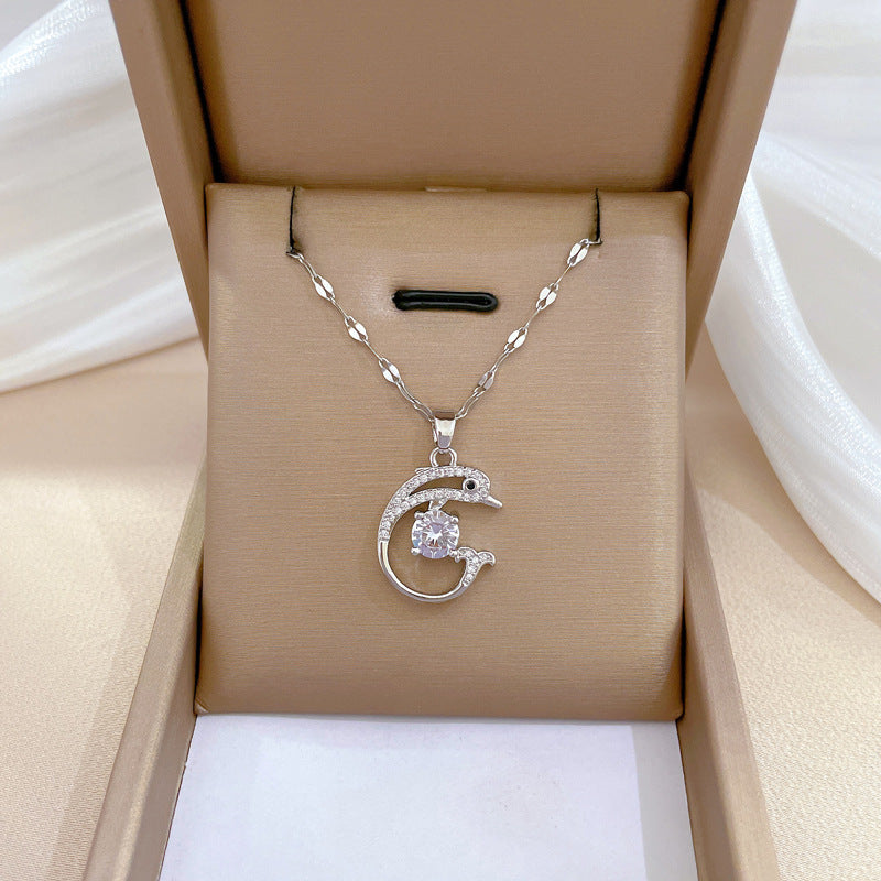 Elegant Dolphin Pendant Necklace for Women Stainless Steel Chain with Rhinestone Inlay Geometric Design Minimalist Style