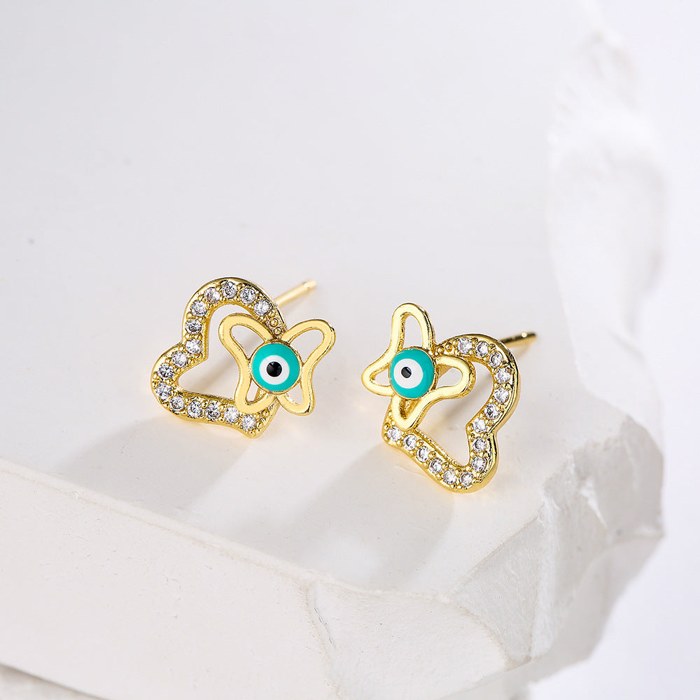 Minimalist Geometric Animal Stud Earrings in Copper with 18K Gold Plating and Enamel Finish with Zirconia Inlay