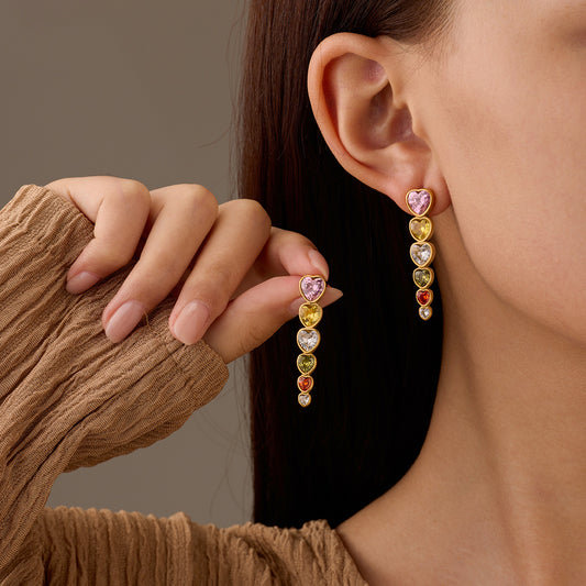 Minimalist Fashion-Forward Stainless Steel Heart-Shaped Stud Earrings with Colorful Zircon Accents and Titanium Steel Finish