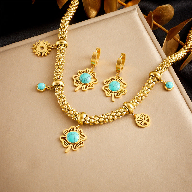 Vintage Elegant Fashionable Stainless Steel Plated Four-Leaf Clover Tree of Life Round Pendant Necklace Set with Earrings