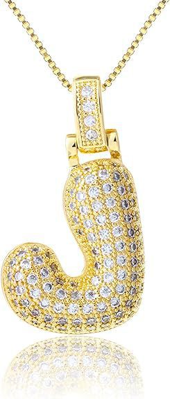 14K Gold Plated Brass Letter Pendant Necklace with Cubic Zirconia Inlay Box Chain for Women