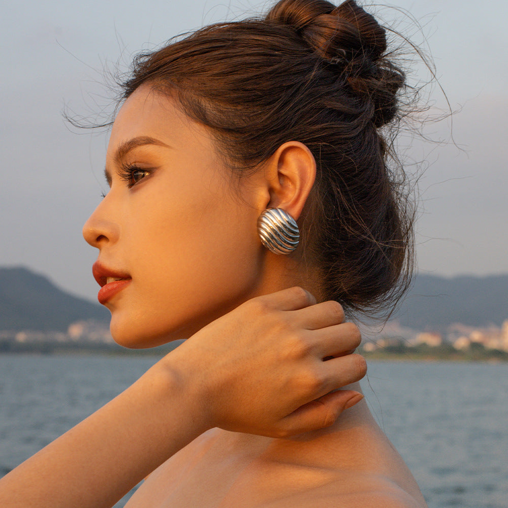 Geometric Stainless Steel Earrings with 18K Gold Plating and Textured Grid Pattern for Women