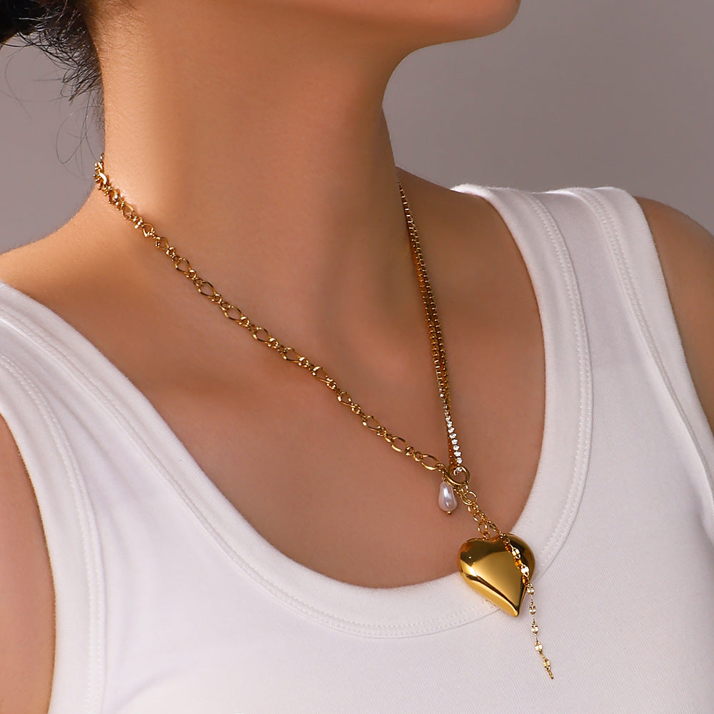 Ins Style Heart Shaped Stainless Steel Pendant Necklace with 18K Gold Plating and Pearl Inlay for Women
