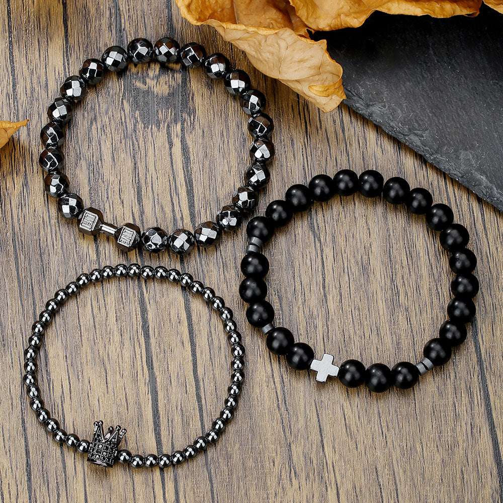 Unique Geometric Cross Crown Hematite Beaded Bracelet Set with Cubic Zirconia for Men and Women