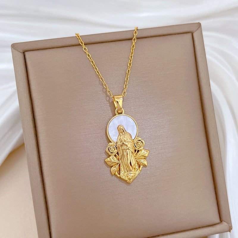 Sweet Elegant Floral Geometric Cartoon Rhinestone Pendant Titanium Steel Necklace for Unisex