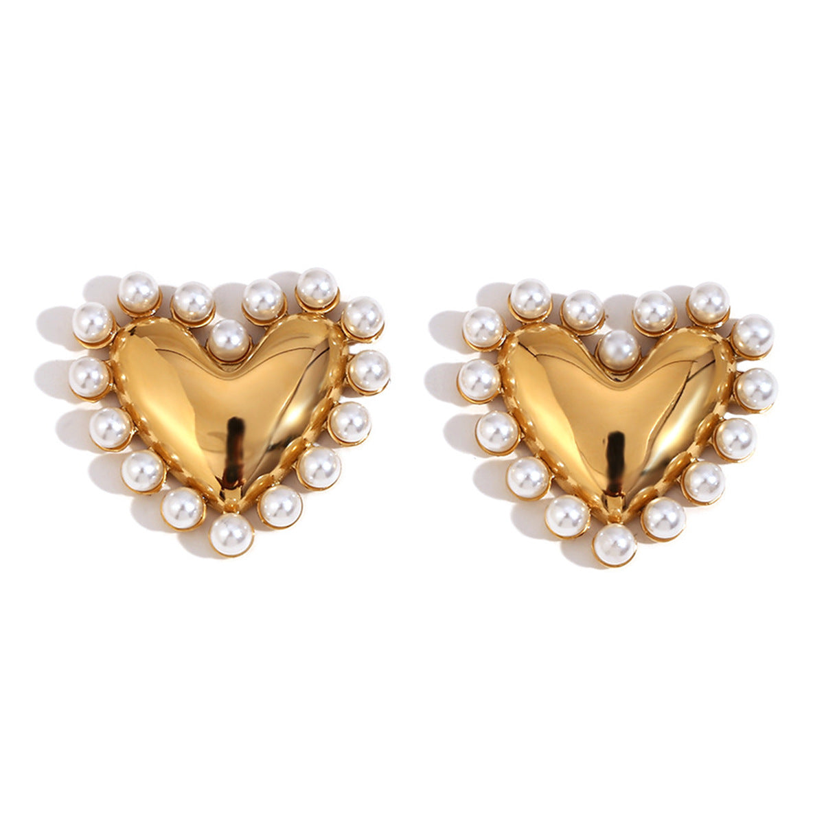 Pendientes de aleación con forma de corazón minimalista y perlas de imitación, acabado galvanizado para mujer
