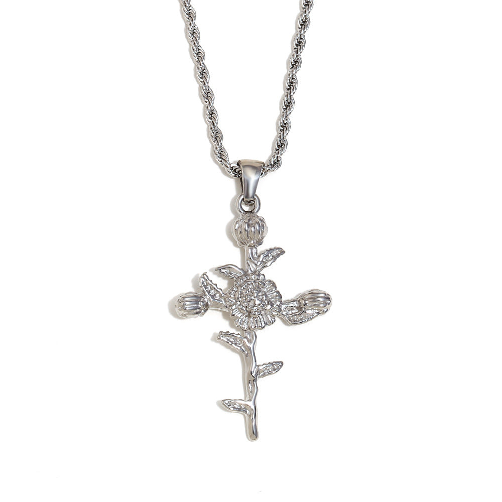 Vintage French-Style Floral Pendant Necklace in Stainless Steel with 18K Gold Plating for Women