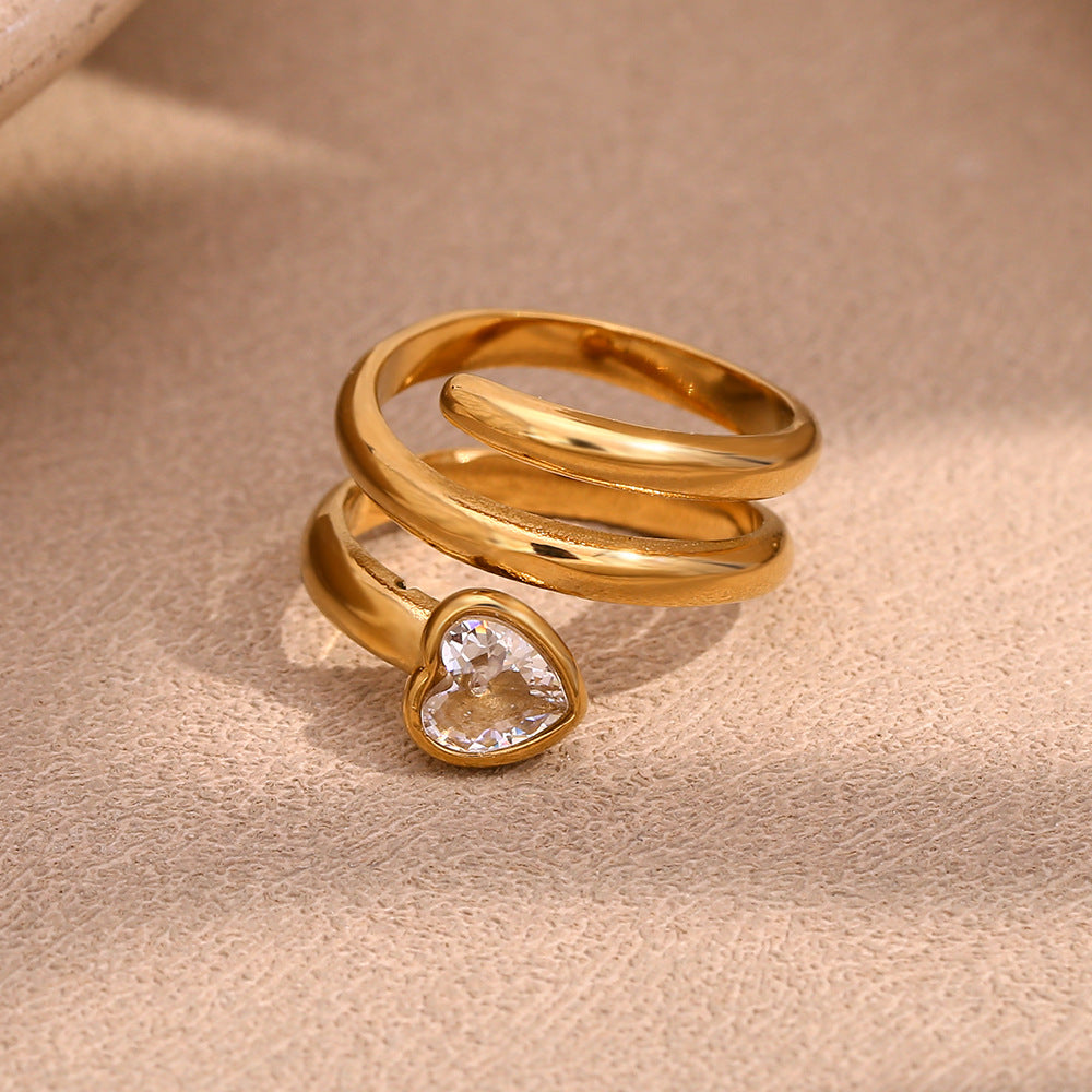 Anello da donna creativo geometrico in acciaio inossidabile placcato oro 18 carati a doppio strato con testa di serpente corta e cuore con strass bianchi