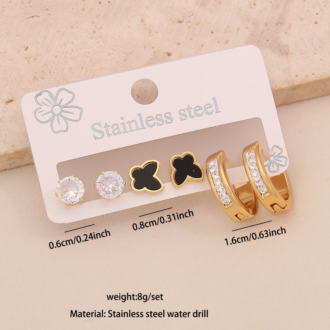 Orecchini a perno da donna alla moda a forma di cuore e goccia in acciaio inossidabile con intarsio di strass