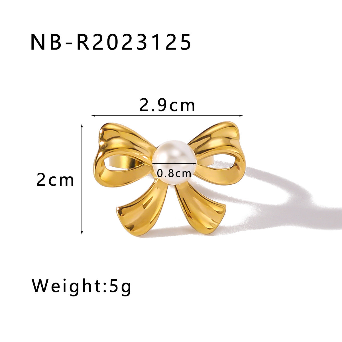 Minimalist Bow-Shaped Stainless Steel Ring with Pearl and Zircon Inlay, Vacuum Plated in 18K Gold Finish, Unisex Fashion Jewelry