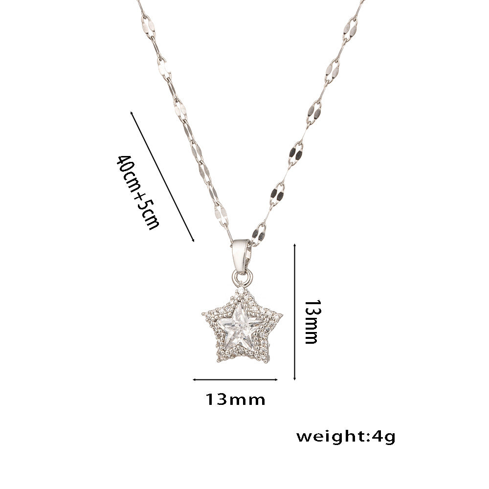 Elegant Minimalist Five-Pointed Star Titanium Steel Necklace for Women with Micro-Paved Zirconia, Water Wave Chain, Hypoallergenic Plated Finish