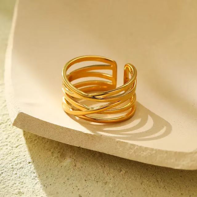 Anello Aperto Geometrico Minimalista da Donna in Acciaio Inossidabile, Placcato Oro 18K, Ipoallergenico e Resistente allo Sbiadimento