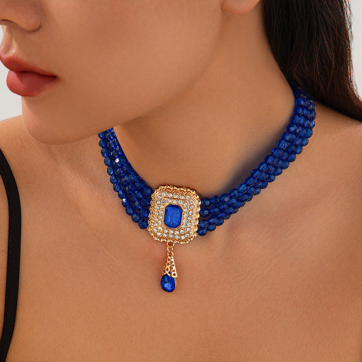Collar tipo gargantilla de cristal estilo francés vintage con dijes geométricos cuadrados y de lágrima en cadena de perlas para mujer