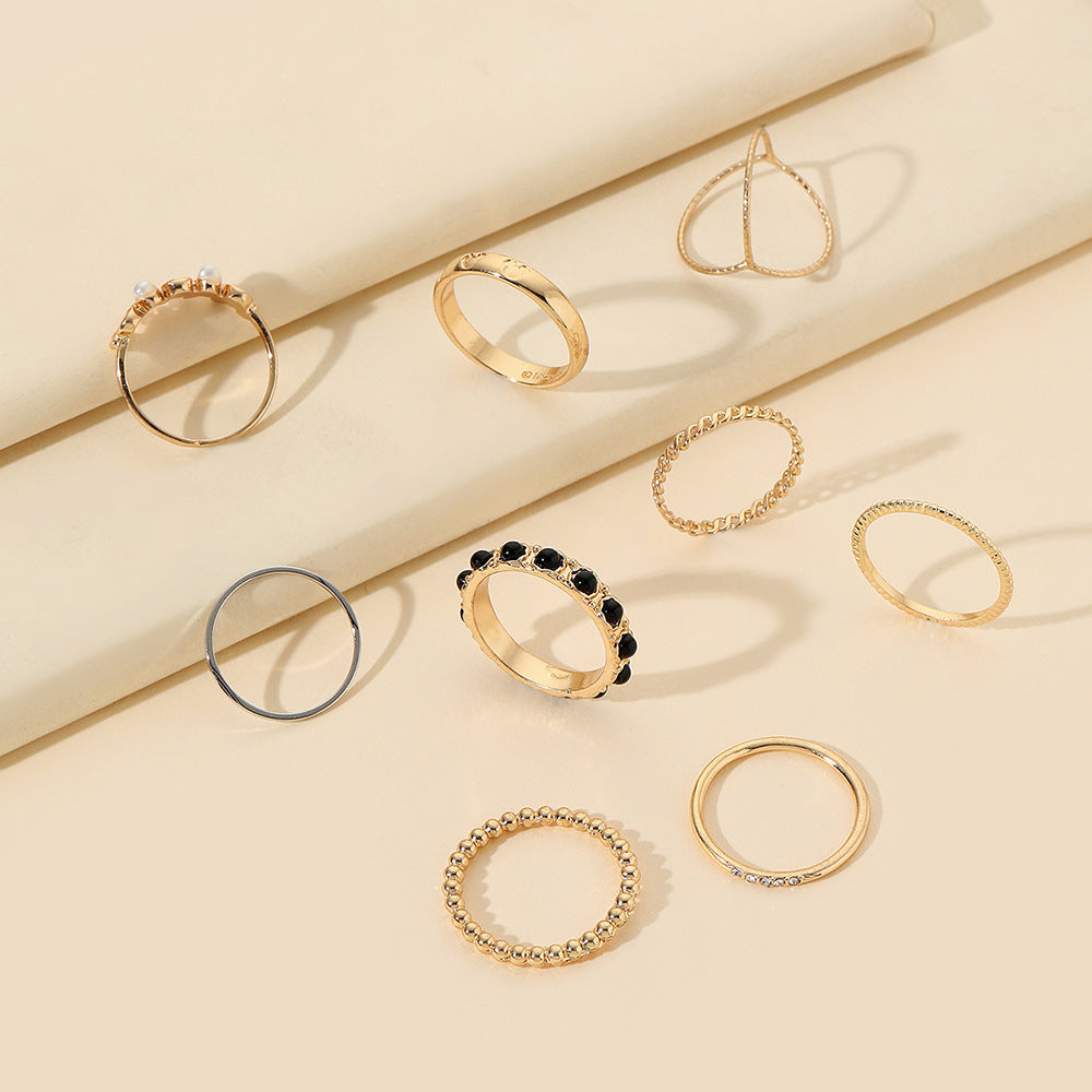 Minimalist Casual Geometric Round Alloy Plated Ring Set with Pearl Inlay