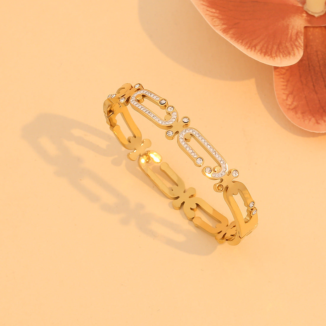 Fashionable Stainless Steel Hollow-Out Bracelet with Full Rhinestone Inlay for Women