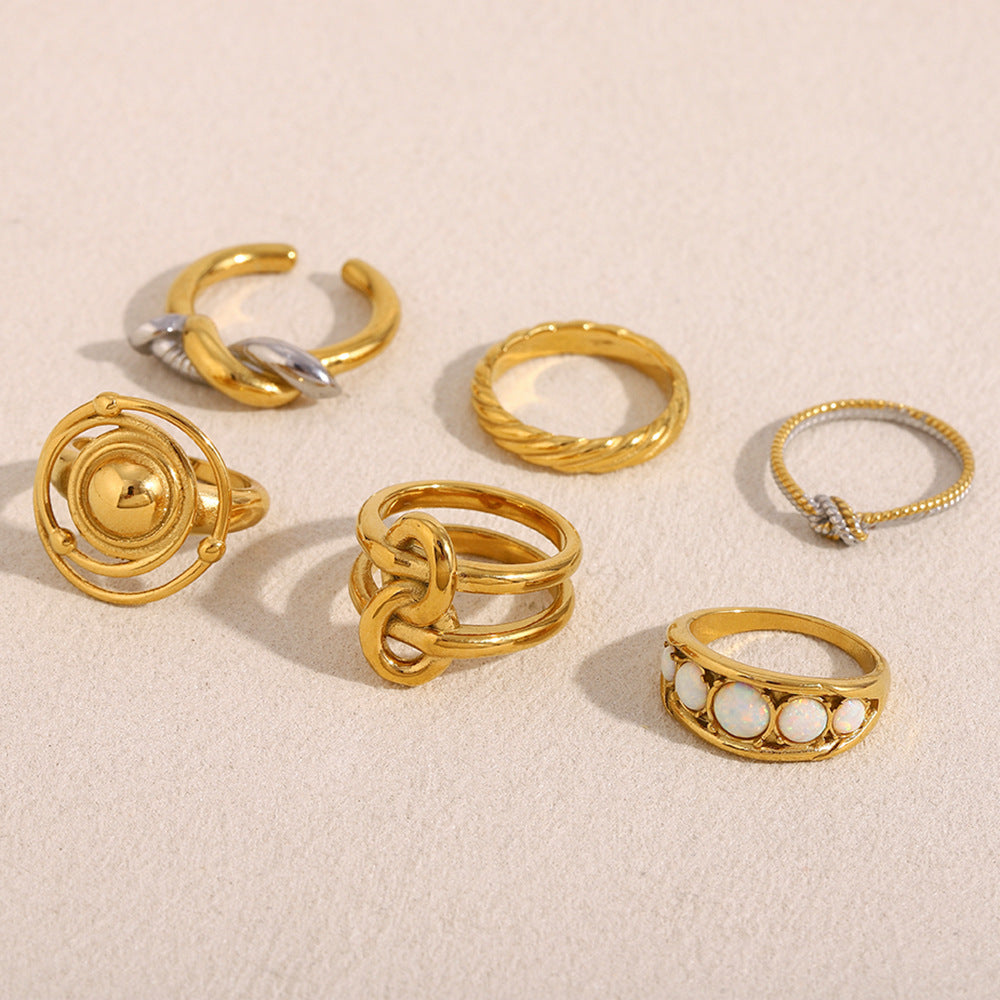 Vintage-Style Geometric Stainless Steel Ring with 18K Gold Plating and Interlocking Twist Band