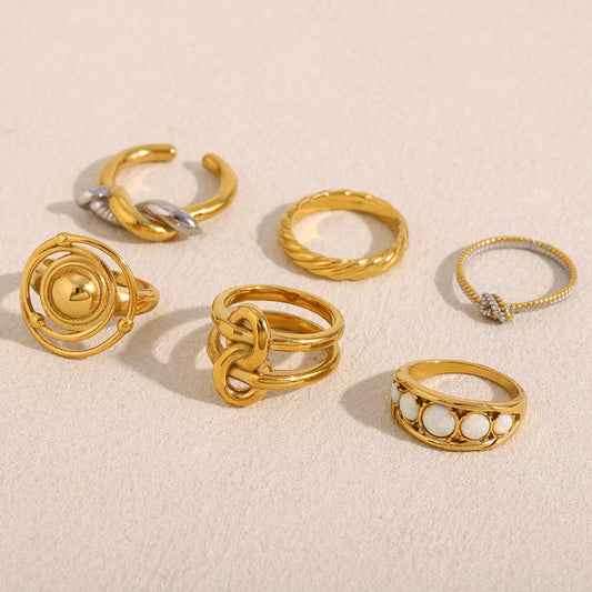 Vintage-Style Geometric Stainless Steel Ring with 18K Gold Plating and Interlocking Twist Band