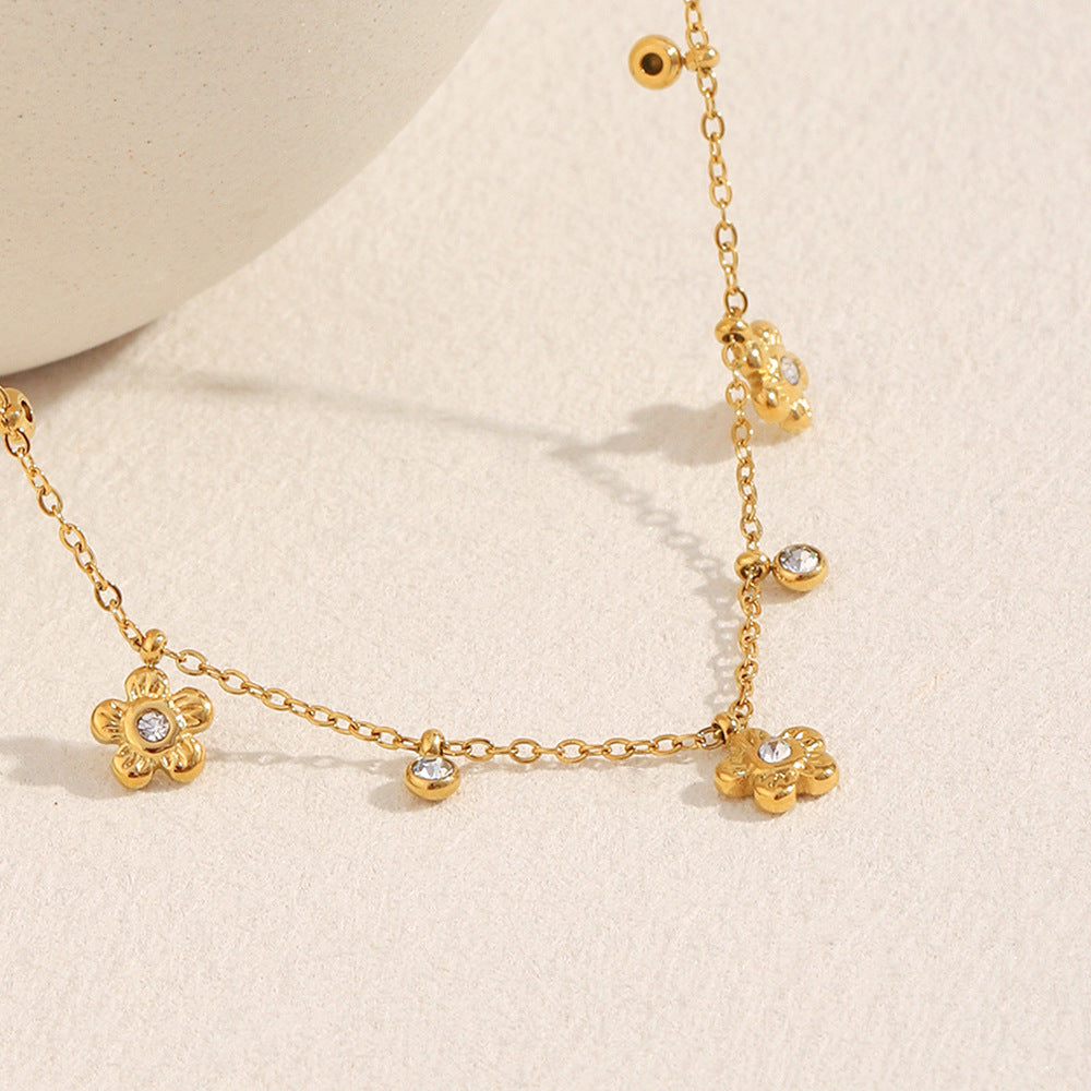 Minimalist Floral Pendant Necklace with Zircon Accents, Stainless Steel Base and 18K Gold Plating for Women