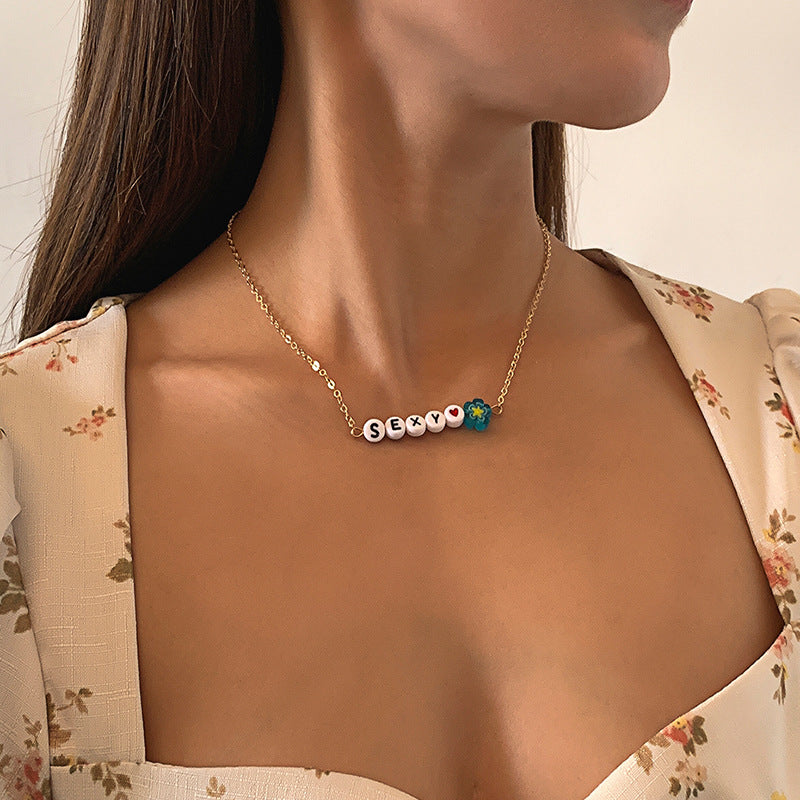 Minimalist Floral Acrylic Beaded Necklace and Bracelet Set with Curb Chain