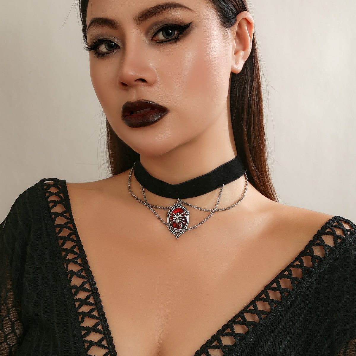 Gothic Vintage Red Velvet Spider Choker Necklace for Women
