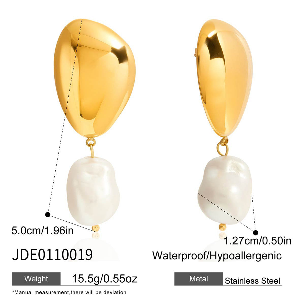 Aretes Minimalistas Geométricos de Nácar en Acero de Titanio con Chapado de Oro al Vacío PVD para Mujer
