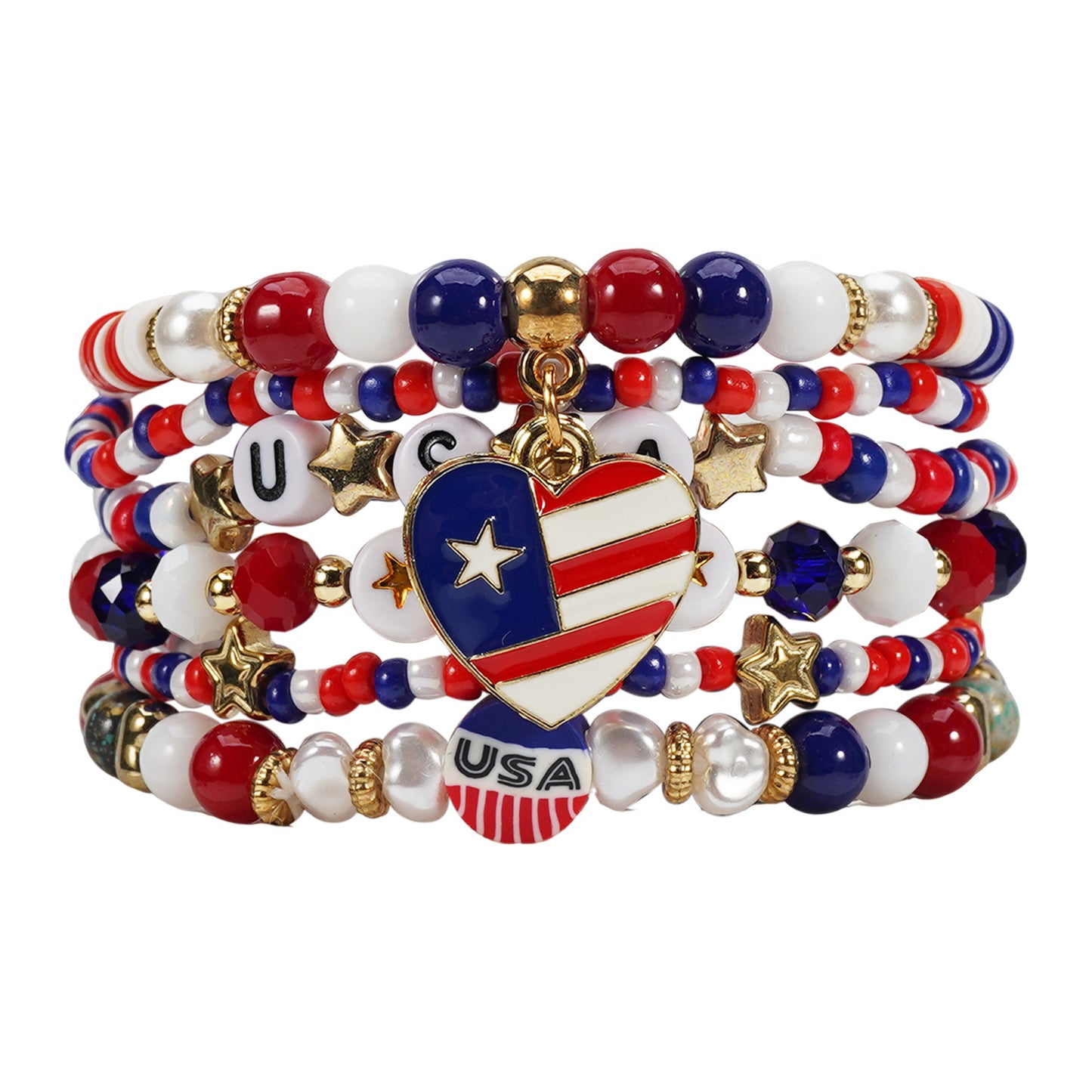 Braccialetto Patriotic Rosso Bianco Blu a Stella Geometrica con Perline in Vetro Unisex