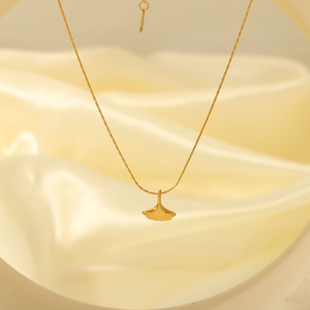 Minimalist Ginkgo Leaf Pendant Necklace in Stainless Steel with 18K Gold Plating on O-Chain for Women