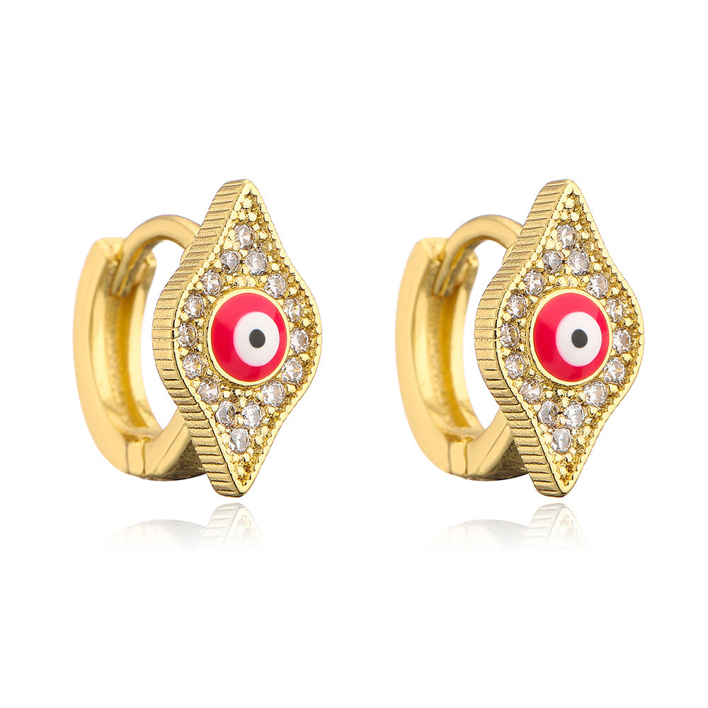 Orecchini a Cerchio da Donna con Occhio di Allah Geometrico Minimalista in Rame con Placcatura in Oro 18K e Intarsio in Zirconia Smaltata
