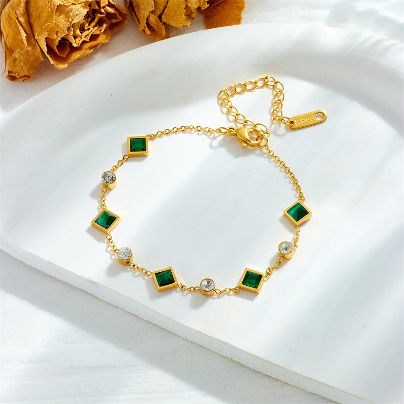 Minimalist Elegant Square Rhinestone Plated Stainless Steel Necklace and Bracelet Set for Women