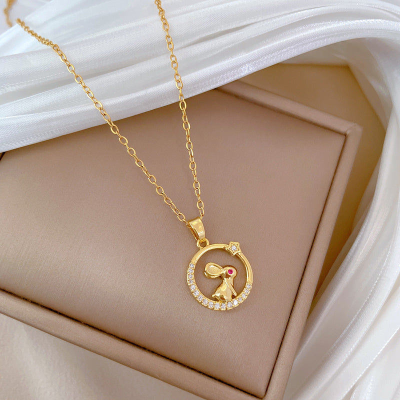 Minimalist Round Hoop Red-Eye Rabbit Pendant Necklace for Women in Titanium Steel with Full Rhinestone Accents and Delicate Clavicle Chain