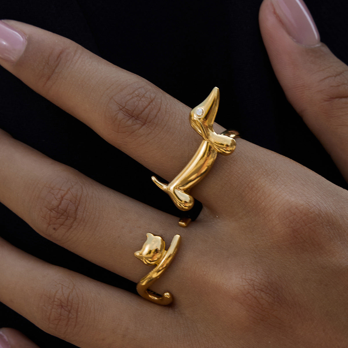Anillo de gato geométrico de acero de titanio con acabado chapado para mujer, accesorio de moda